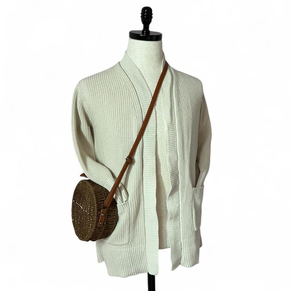 Max & Mia‎ Womens Cream 100% Cotton Shaker Knit Open Front Cardigan Sweater L